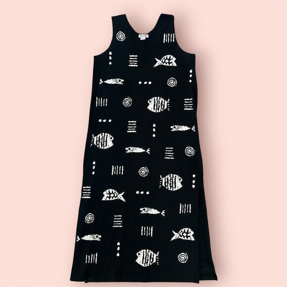 M MAC Vintage Art Animal Fish Maxi Dress Medium Vermont Coastal Nautical Cotton - Picture 2 of 9